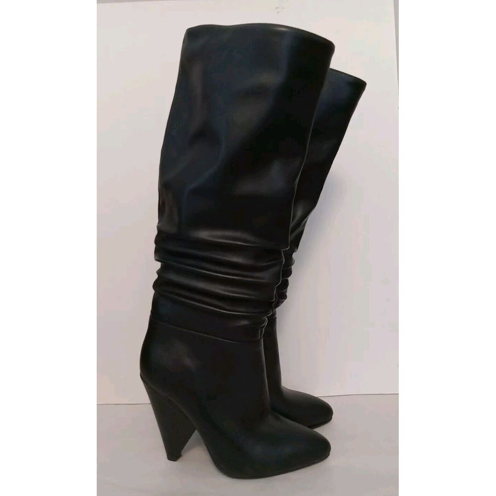Italina Women Black Ruched Partial Zip Cone Heel Lined Boots Size 6.5